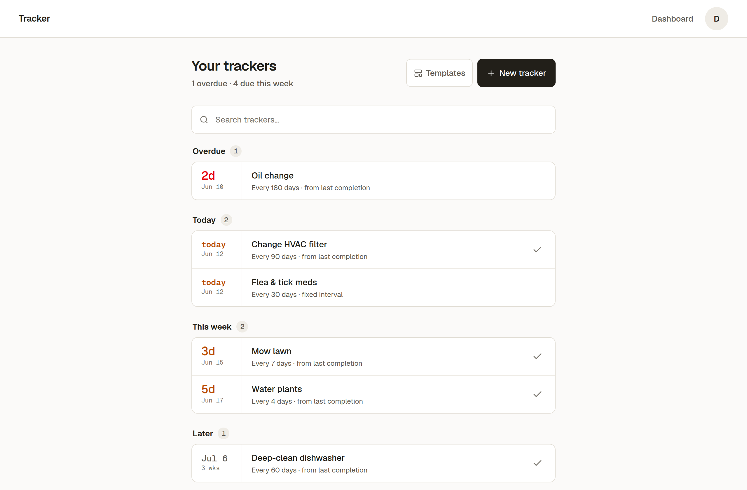 The Tracker dashboard: trackers grouped by Overdue, Today, This week and Later, each with a due-date tile and a one-tap done button